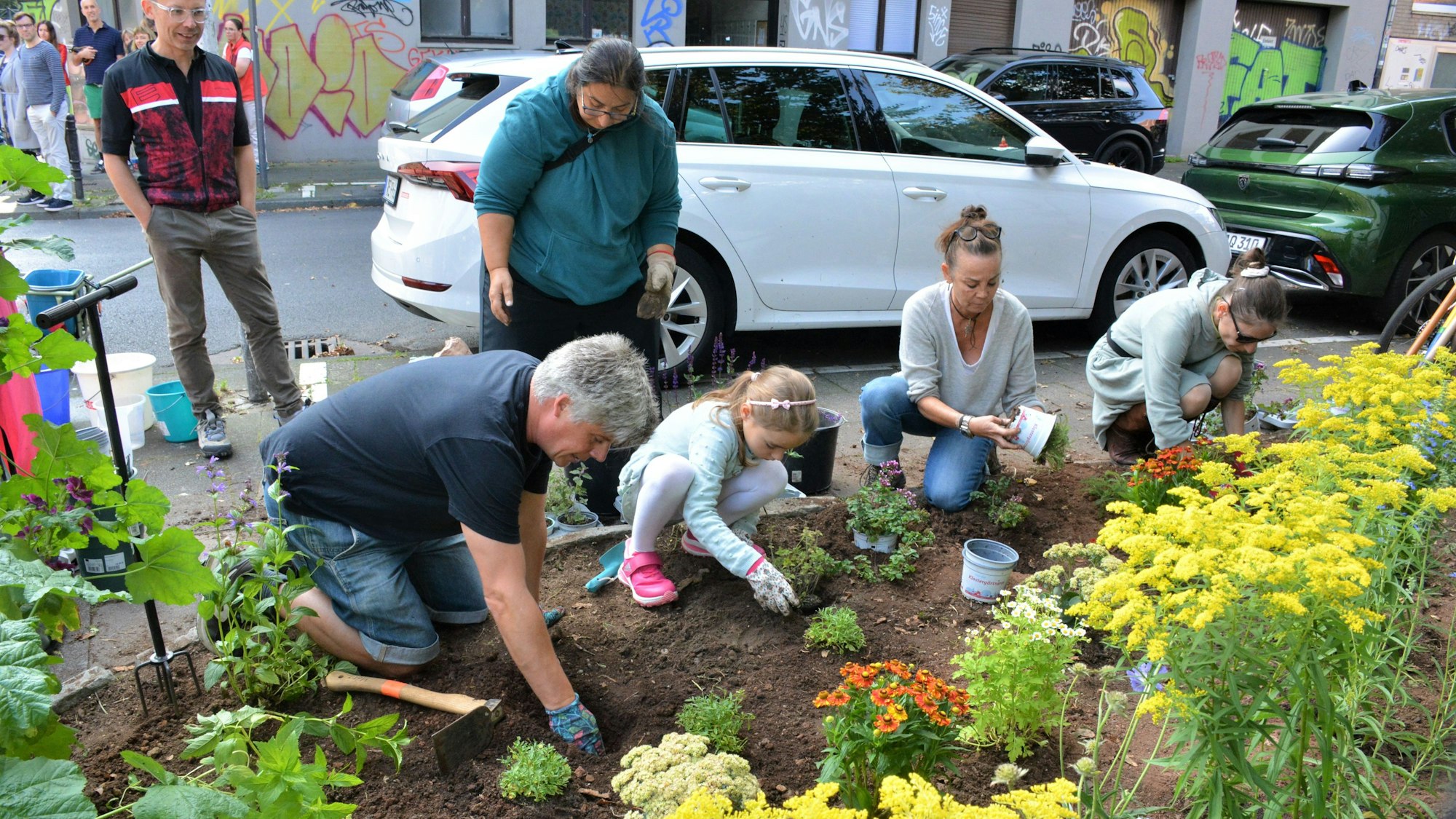Menschen knien in einem Beet und pflanzen Blumen.