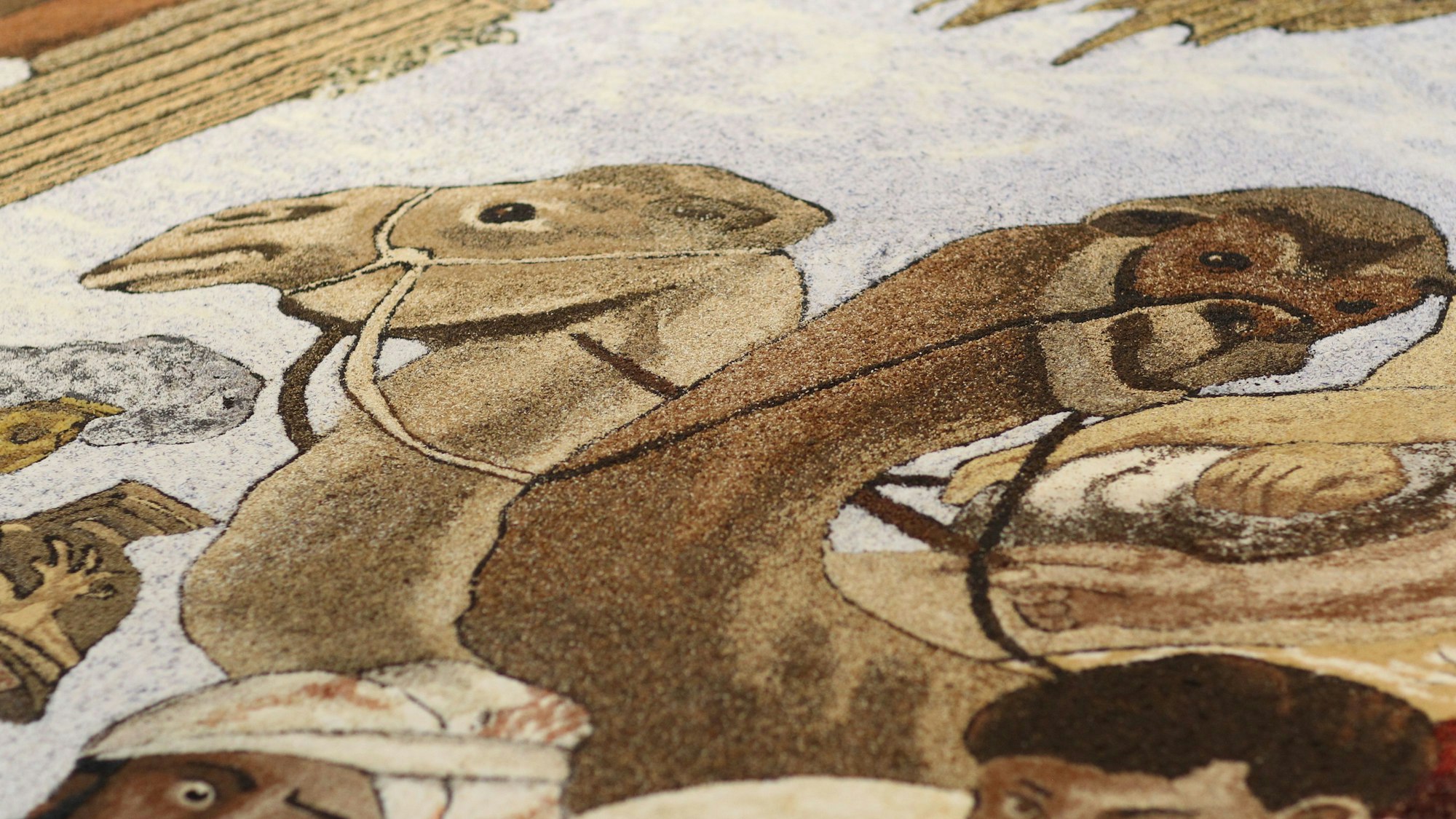 In einem Ausschnitt des Rubens-Bildes sind die Köpfe und Hälse von zwei Kamelen zu sehen.