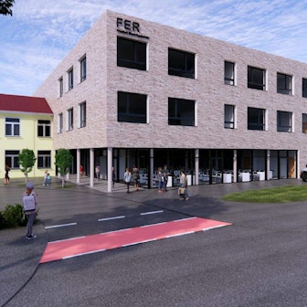 Eine Darstellung des neuen, dreigeschossigen Klinkerbaus für die Reaschule neben dem Altbau.