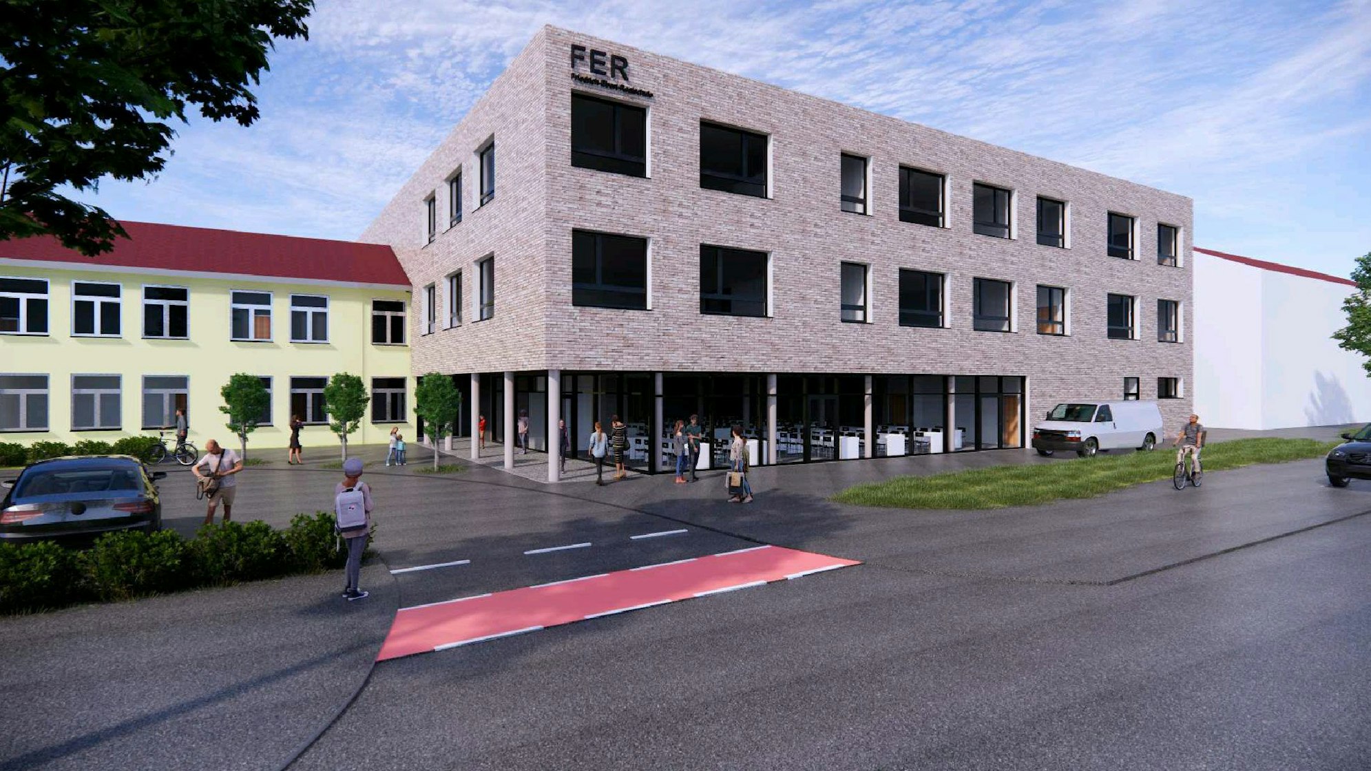 Eine Darstellung des neuen, dreigeschossigen Klinkerbaus für die Reaschule neben dem Altbau.