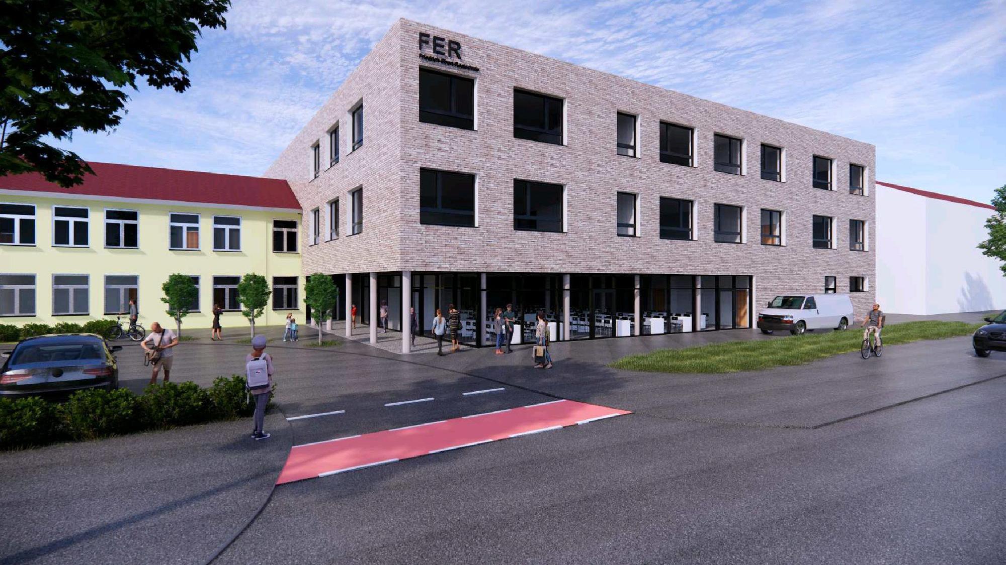 Eine Darstellung des neuen, dreigeschossigen Klinkerbaus für die Reaschule neben dem Altbau.