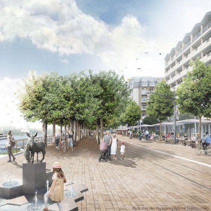 Eine Visualisierung zeigt, wie die umgestaltete Rheinpromenade aussehen könnte. Im Vordergrund spielt ein Kind am Eselsbrunnen.