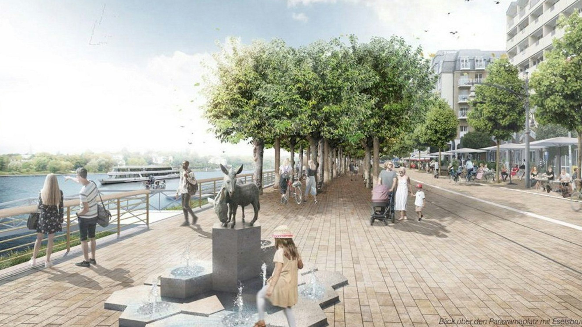 Eine Visualisierung zeigt, wie die umgestaltete Rheinpromenade aussehen könnte. Im Vordergrund spielt ein Kind am Eselsbrunnen.
