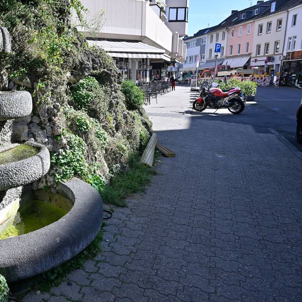 Man sieht den Brunnen mit seinen vier Becken und dem Muschelkalk drumherum.
