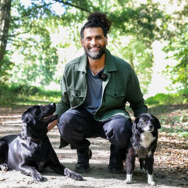 Hunde-Verhaltenstherapeut Masih Samin mit zwei Hunden auf einem Waldweg.