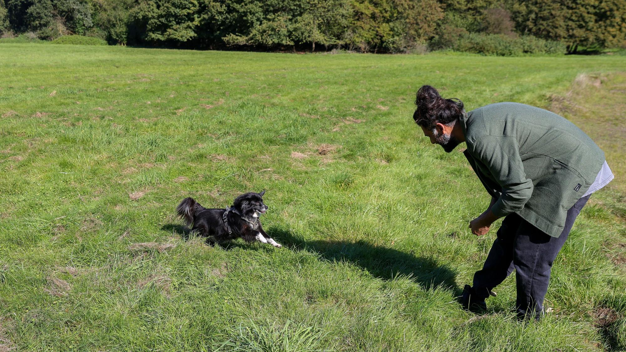 Hunde-Verhaltenstherapeut Masih Samin ruft seine Hündin Thea zu sich.
