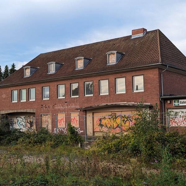 Ein Bahnhofsgebäude mit zugenagelten Fenstern und Türen hinter einem überwucherten ehemaligen Gleisbett.
