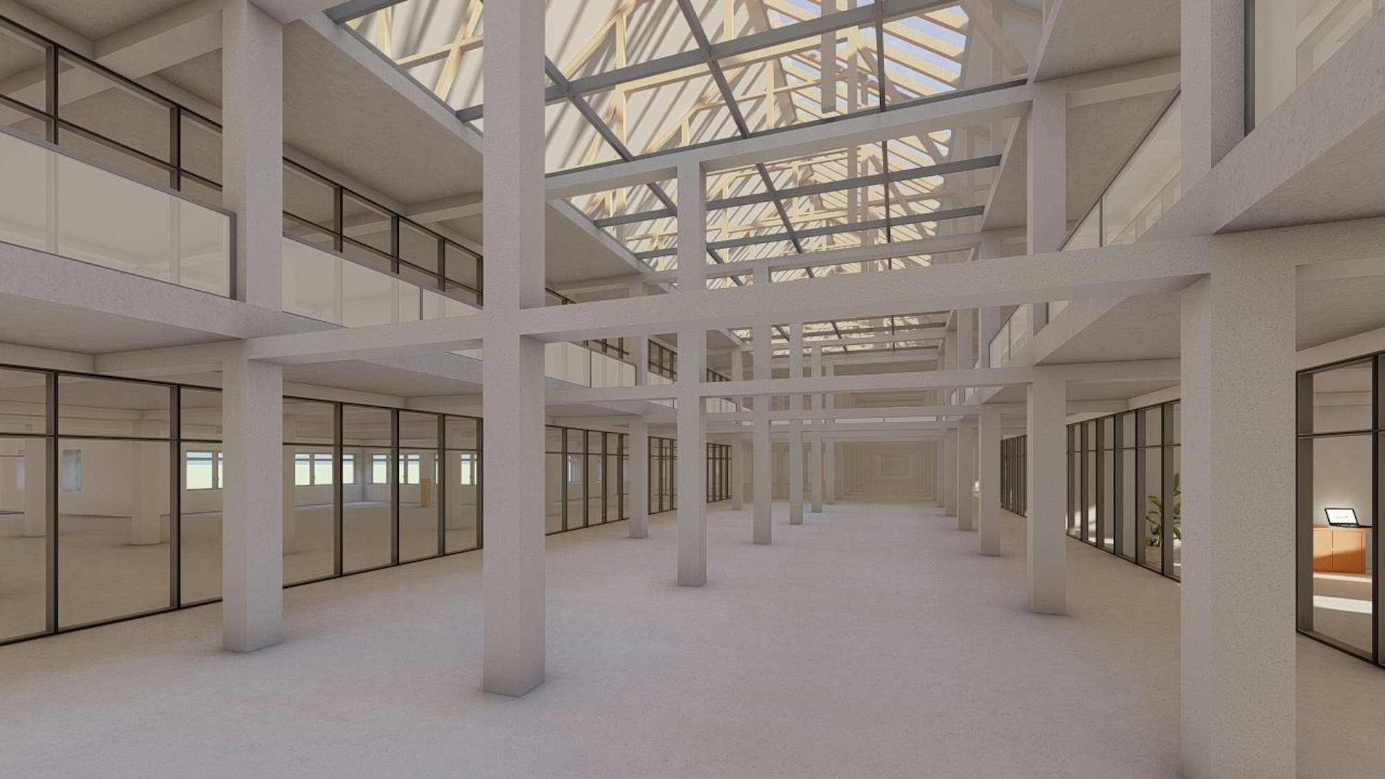 Das Bild zeigt, wie sich er Planer das Innere des Gebäudes vorstellt: ein großes und helles Foyer, an den Seiten Büroräume