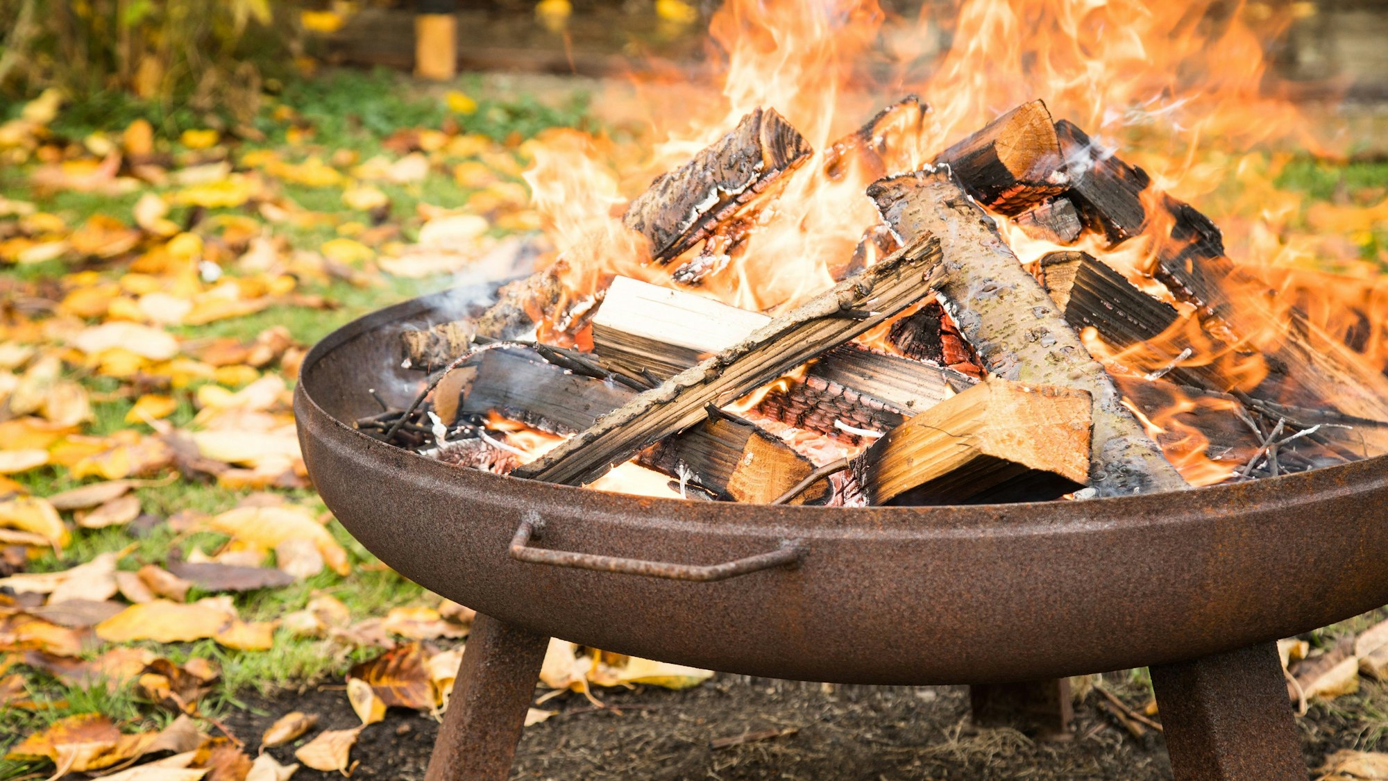 Ein Lagerfeuer auf einer Pyramide aus Holzscheiten brennt in einer Feuerschale.