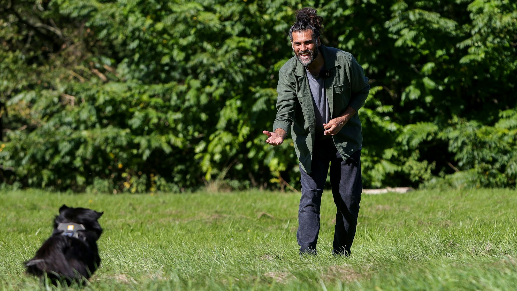 Hunde-Verhaltenstherapeut Masih Samin steht auf einer Wiese und ruft seine Hündin Thea zu sich.