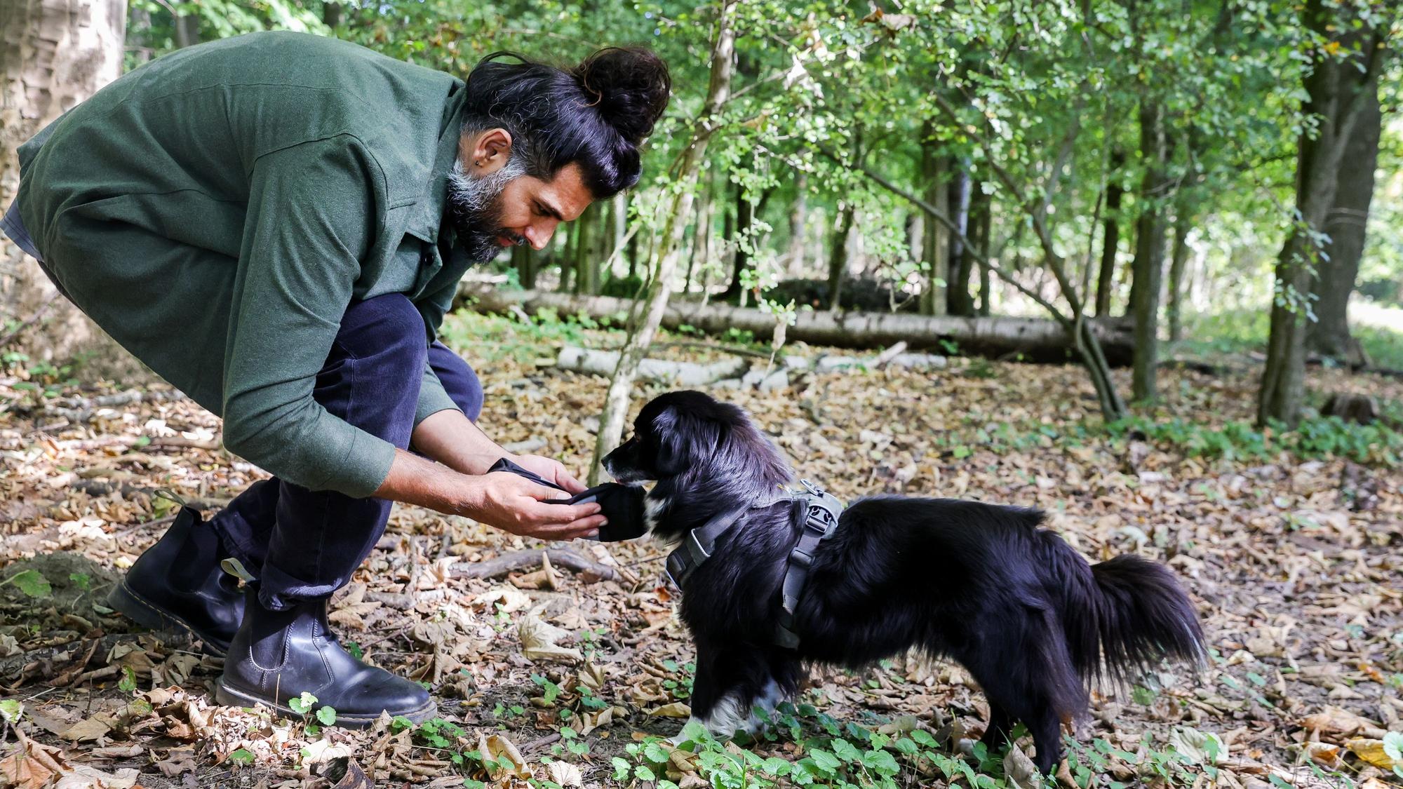 Hunde-Verhaltenstherapeut Masih Samin lässt seine Hündin Thea aus einem Futterbeutel fressen.
