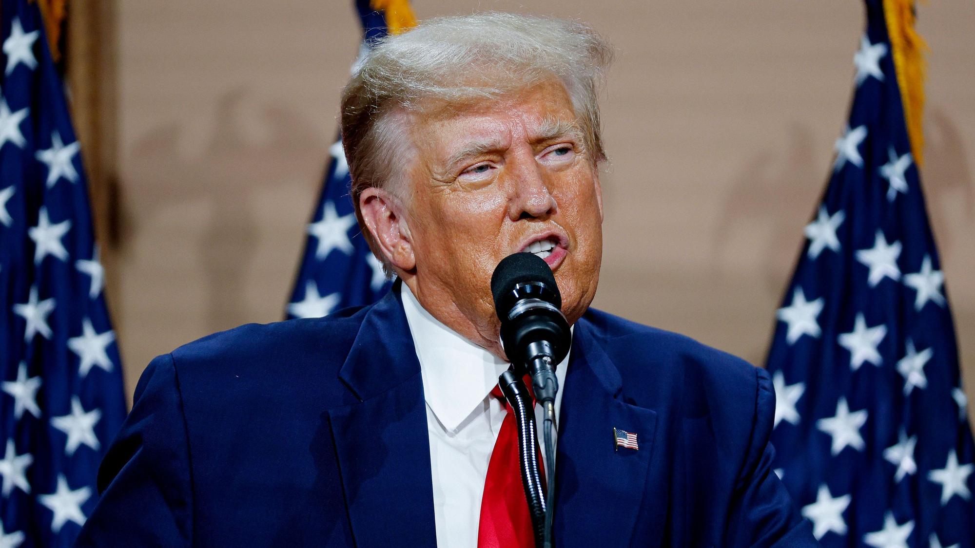 FILE - Former President Donald Trump speaks in Clinton Township, Mich., Wednesday, Sept. 27, 2023. Starting Monday, Oct. 2, Judge Arthur Engoron will preside over a non-jury trial in Manhattan to resolve remaining claims in New York Attorney General Letitia James’ lawsuit against former President Donald Trump, his company and top executives. (AP Photo/Mike Mulholland, File)