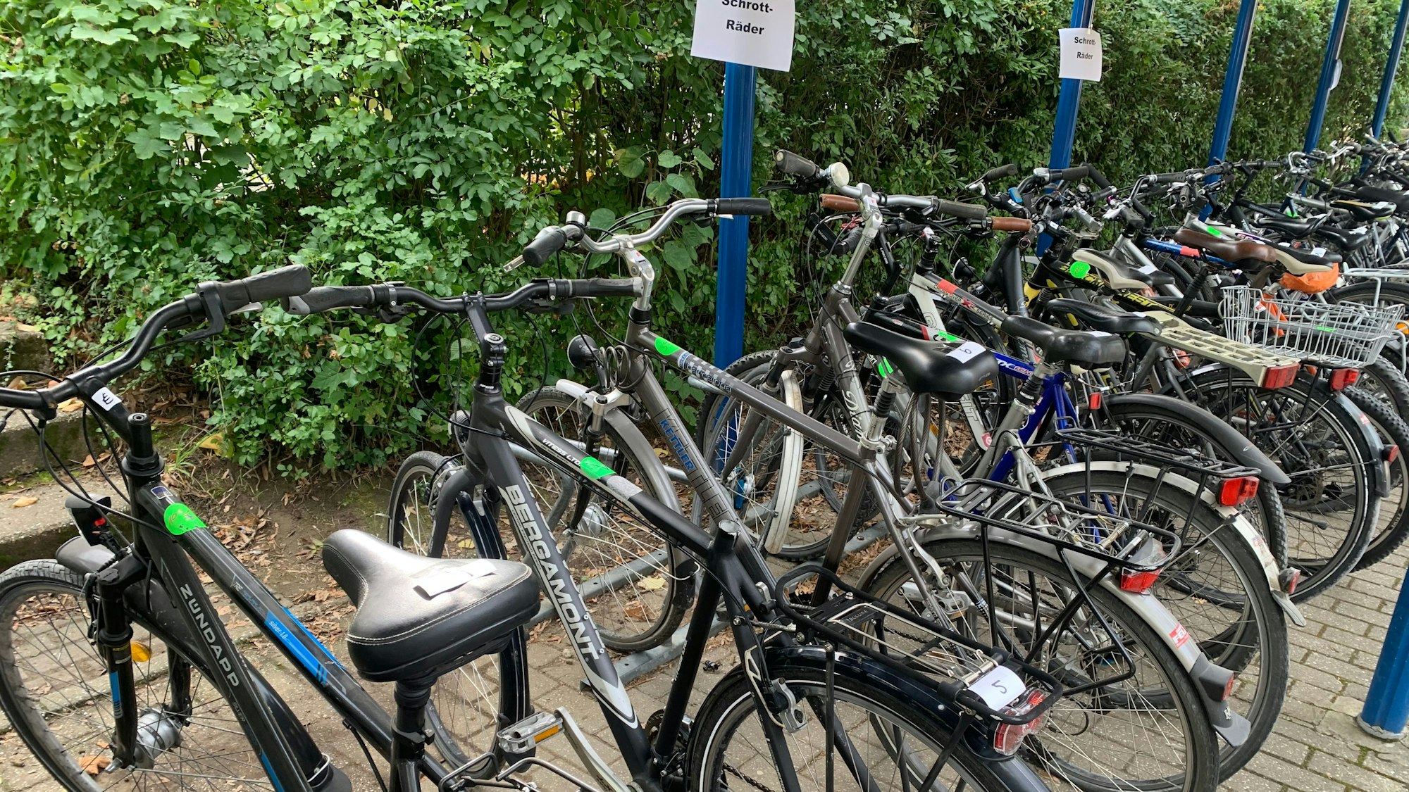 Bei der öffentlichen Versteigerung von Fundsachen besitzerlose Fahrräder stehen in einer Reihe.