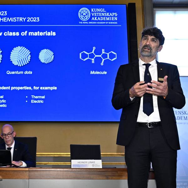 Stockholm: Das Nobelkomitee für Chemie Heiner Linke (r), präsentiert die Arbeiten der Gewinner des Nobelpreises für Chemie 2023 während einer Pressekonferenz in der Königlichen Akademie der Wissenschaften.