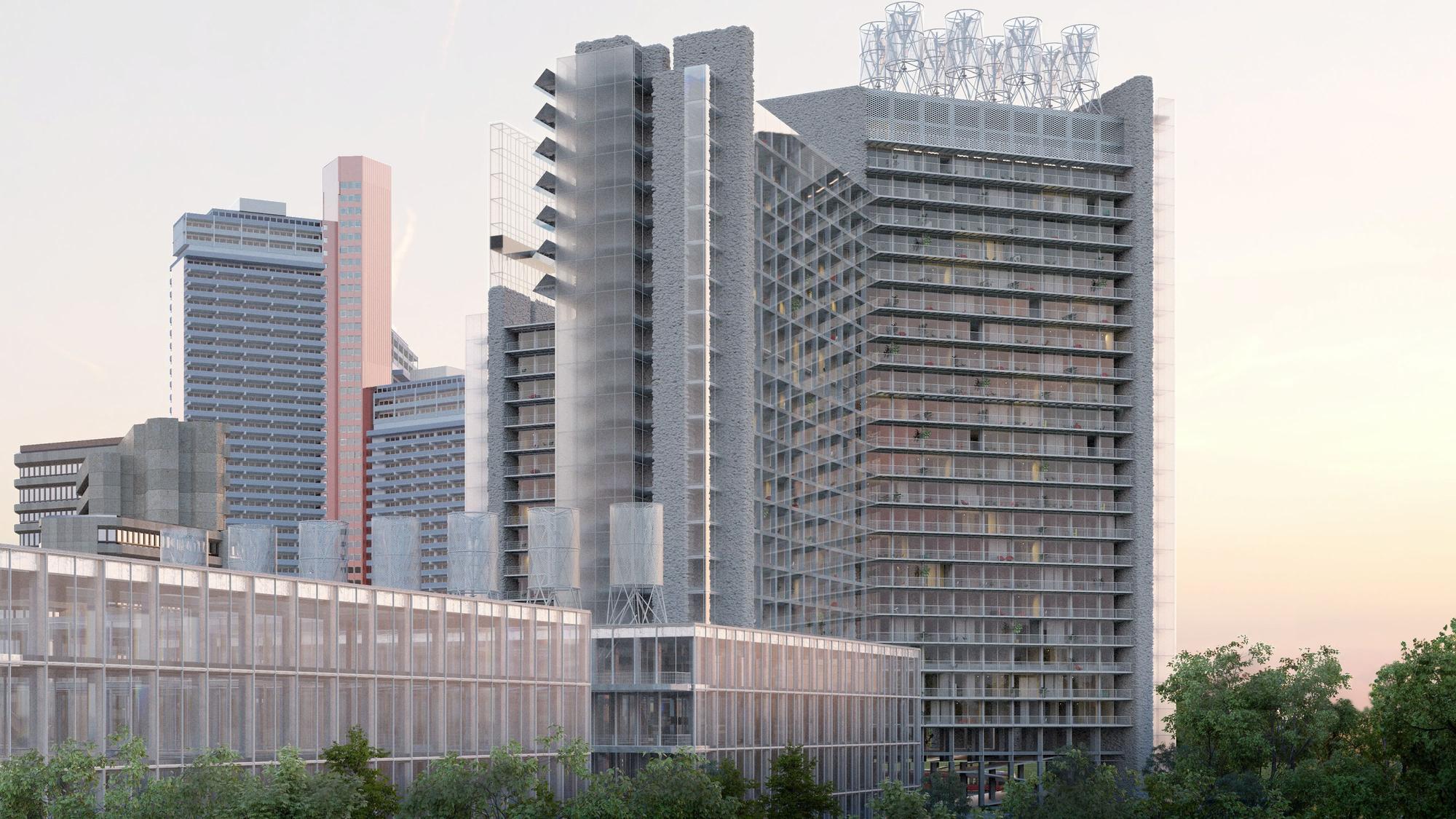 Ein Hochhaus und ein flaches Gebäude ist zu sehen.
