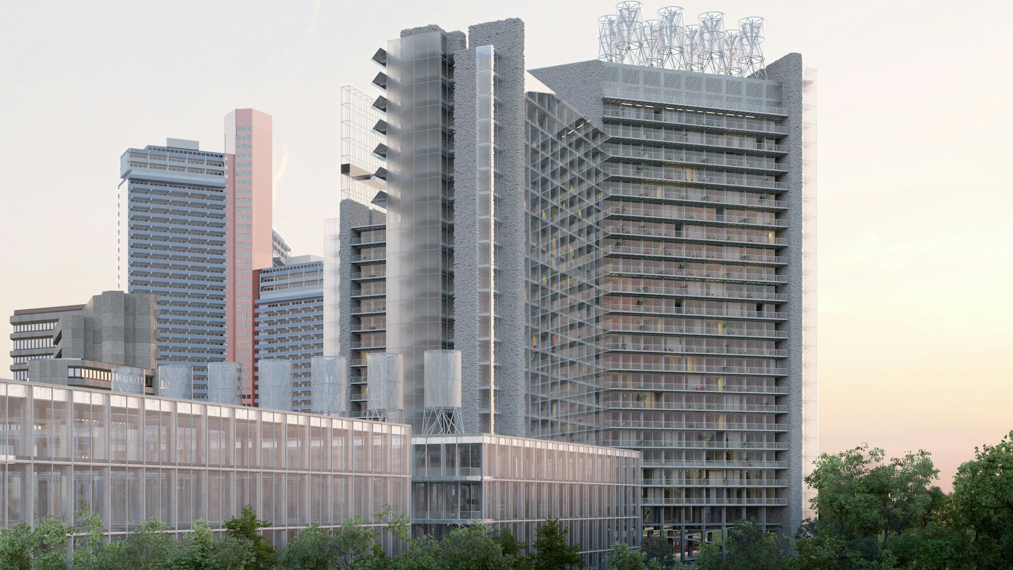 Ein Hochhaus und ein flaches Gebäude ist zu sehen.