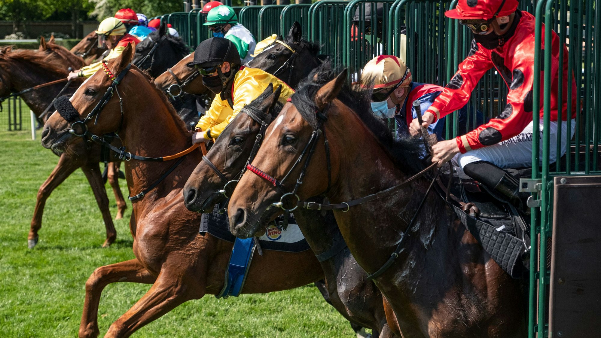 Die Jockeys starten mit ihren Pferden auf der Rennbahn