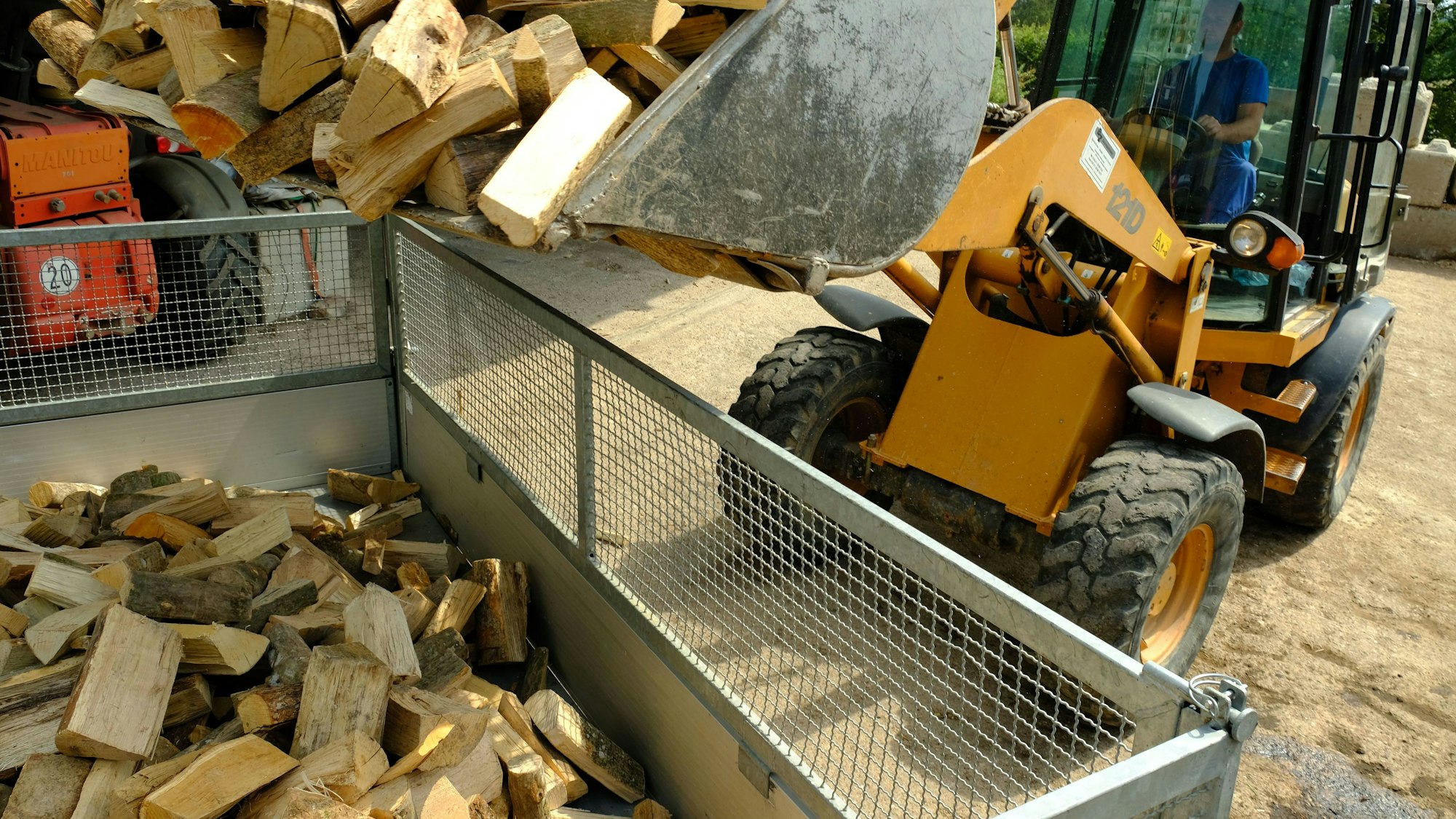 Brennholzscheite werden von einem Radlader auf einen Anhänger verladen.