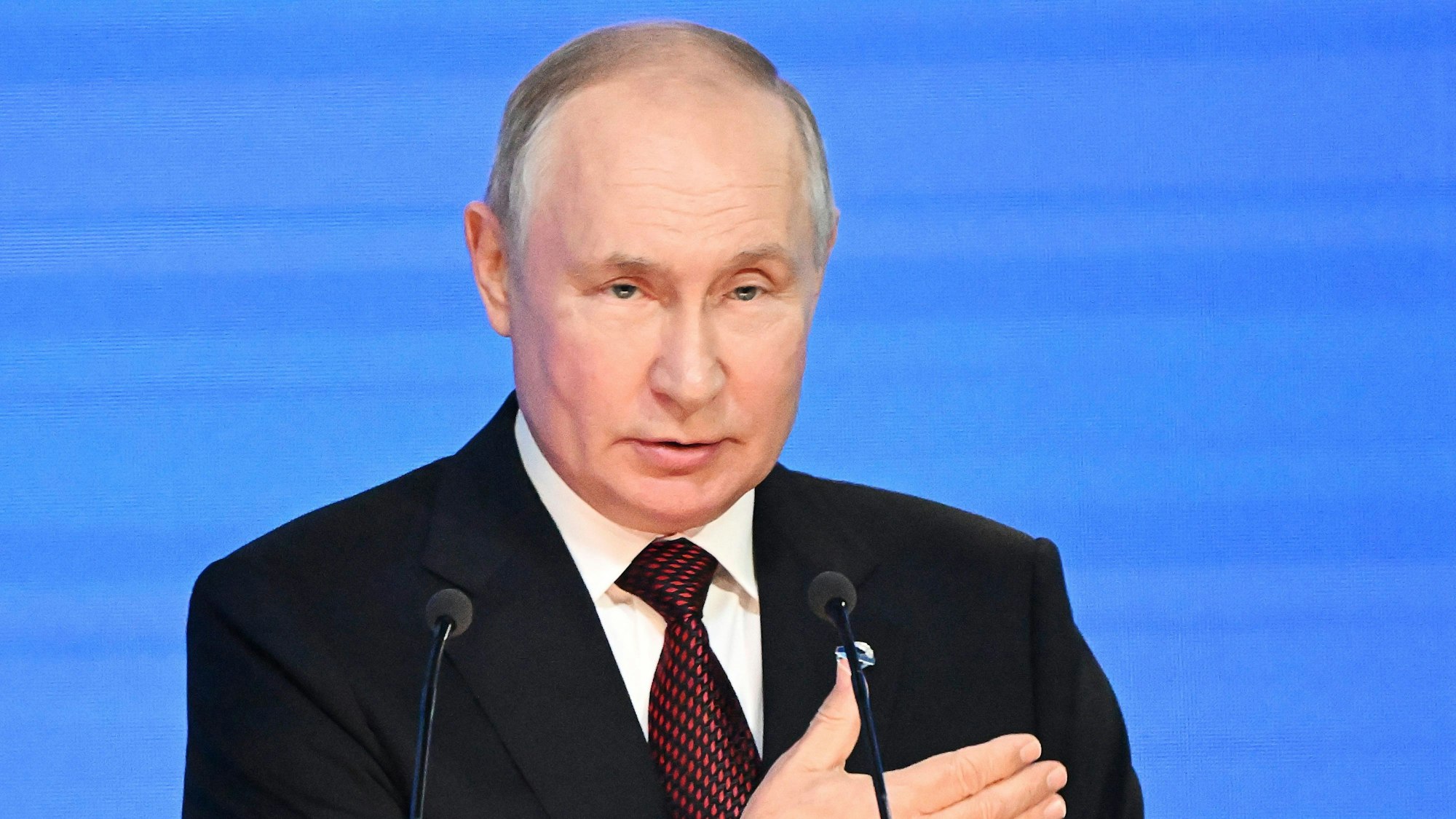 Russian President Vladimir Putin gestures while addressing the annual meeting of the Valdai Discussion Club in the Black Sea resort of Sochi, Russia, Thursday, Oct. 5, 2023. (Sergei Guneyev, Sputnik, Kremlin Pool Photo via AP)