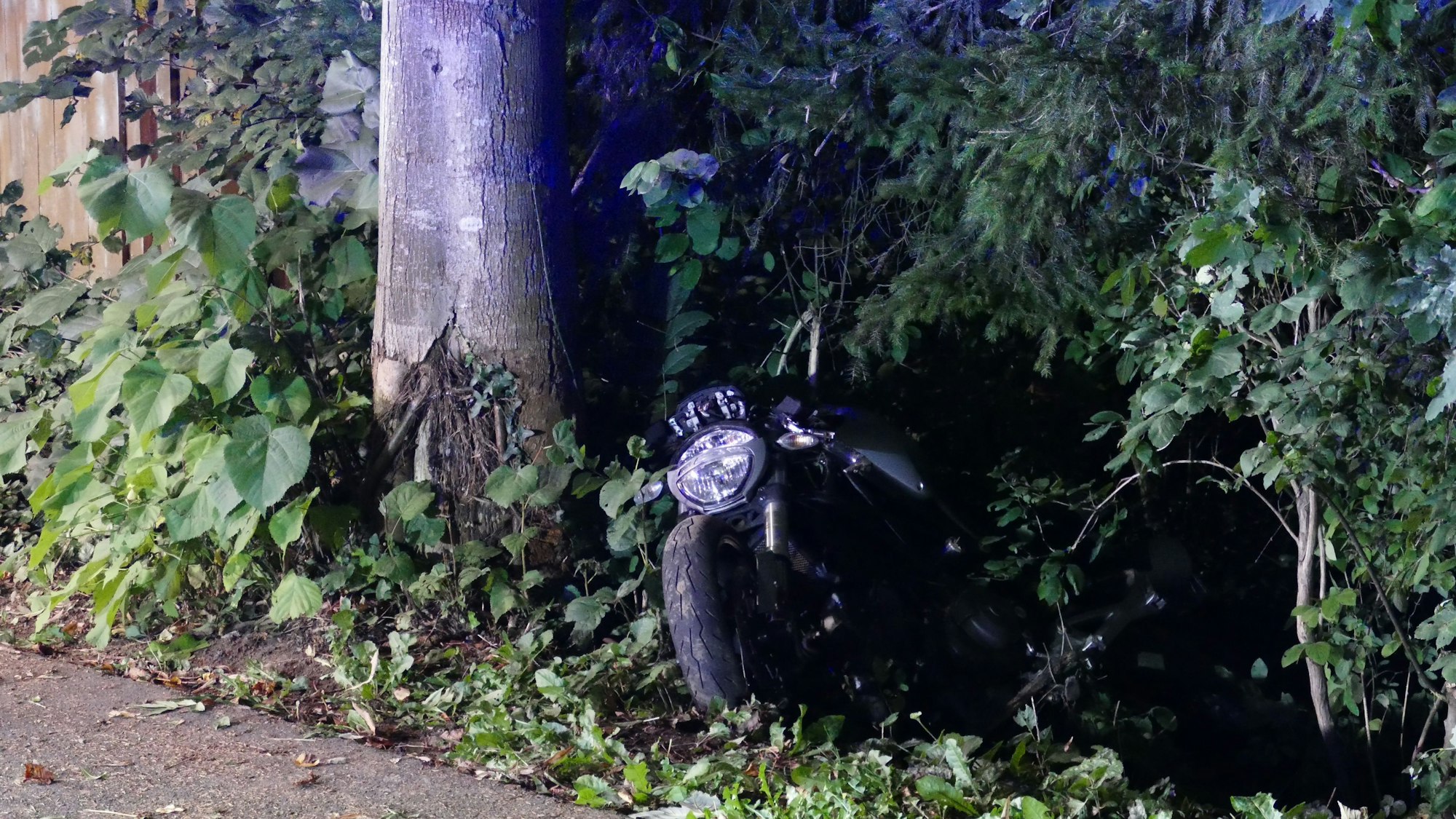 Ein beschädigtes Motorrad liegt neben einem Baum.