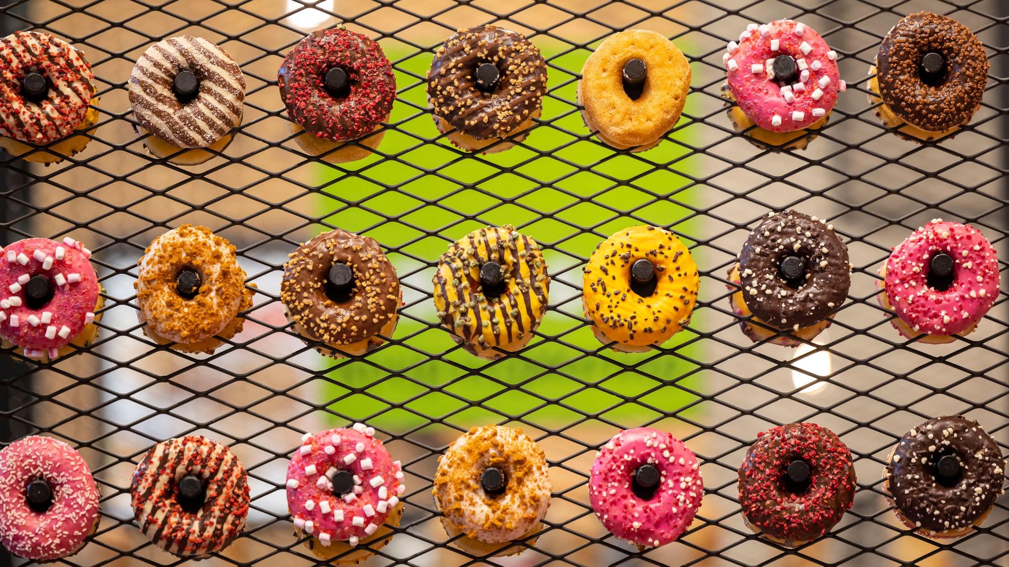 Bunte Donuts sind auf einem Rost ausgestellt