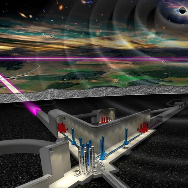 Die Modellzeichnung des geplanten Einstein-Teleskops zeigt, dass die Spitzen des dreieckigen Observatoriums durch Detektorarme von je zehn Kilometern Länge verbunden sind.