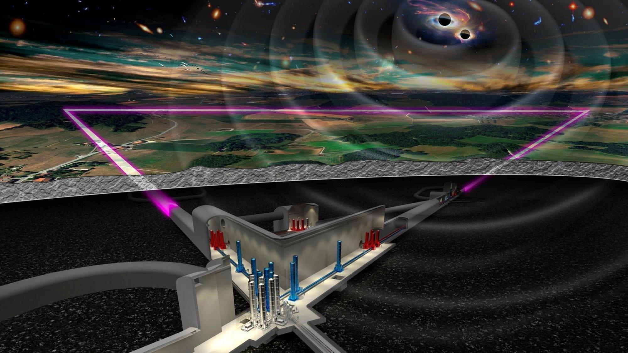 Die Modellzeichnung des geplanten Einstein-Teleskops zeigt, dass die Spitzen des dreieckigen Observatoriums durch Detektorarme von je zehn Kilometern Länge verbunden sind.