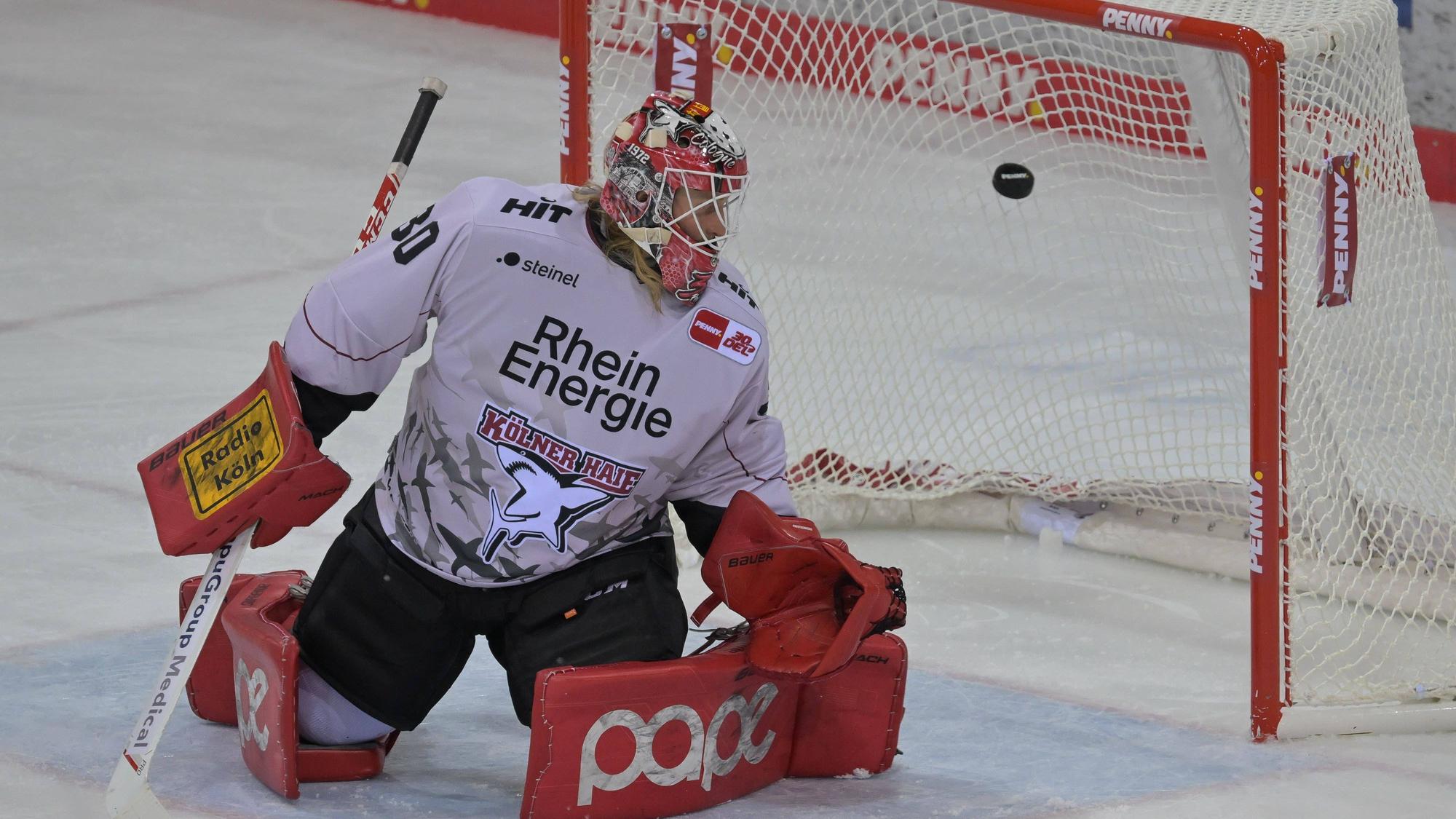 Torwart Mirko Pantkowski von den Kölner Haien kassiert das 3:0. Er schaut dem Puck hinterher, der ins Tor fliegt.