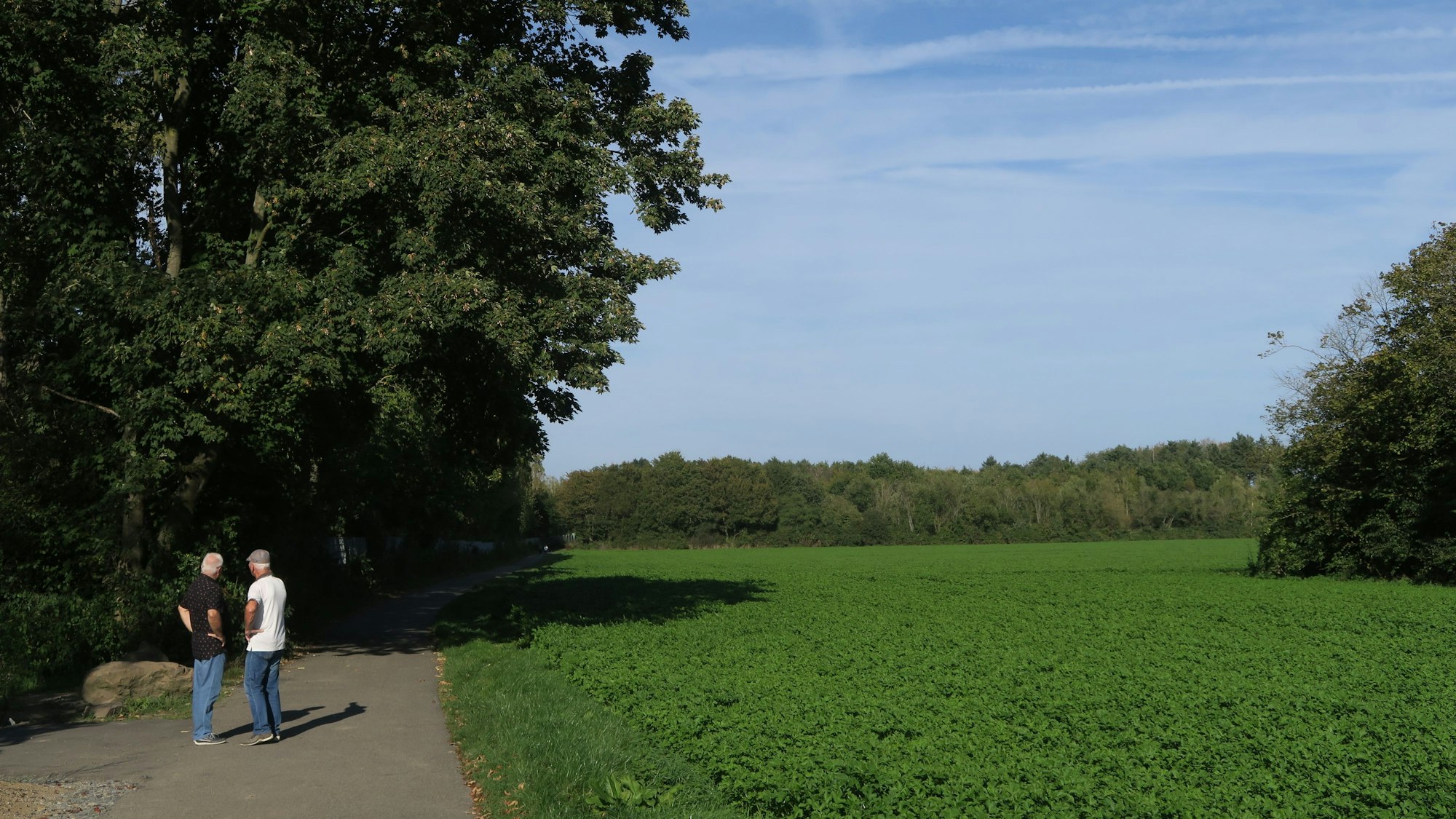 Zwei Männer stehen auf einem Feldweg neben einem grünen Feld.