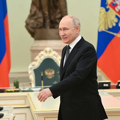 Russian President Vladimir Putin arrives to meet Iraq's Prime Minister Mohammed Shia' Al Sudani at the Kremlin in Moscow, Russia, Tuesday, Oct. 10, 2023. (Sergei Guneyev, Sputnik, Kremlin Pool Photo via AP)