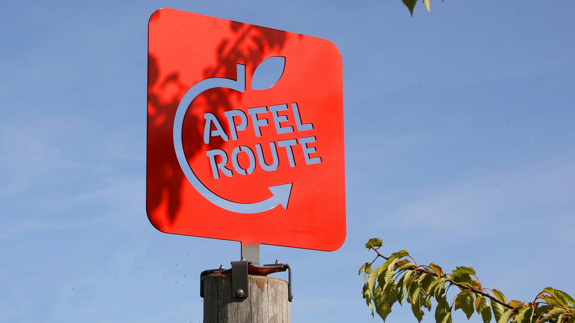 Auf dem Bild sieht man das Symbol der Apfelroute auf rotem Grund.