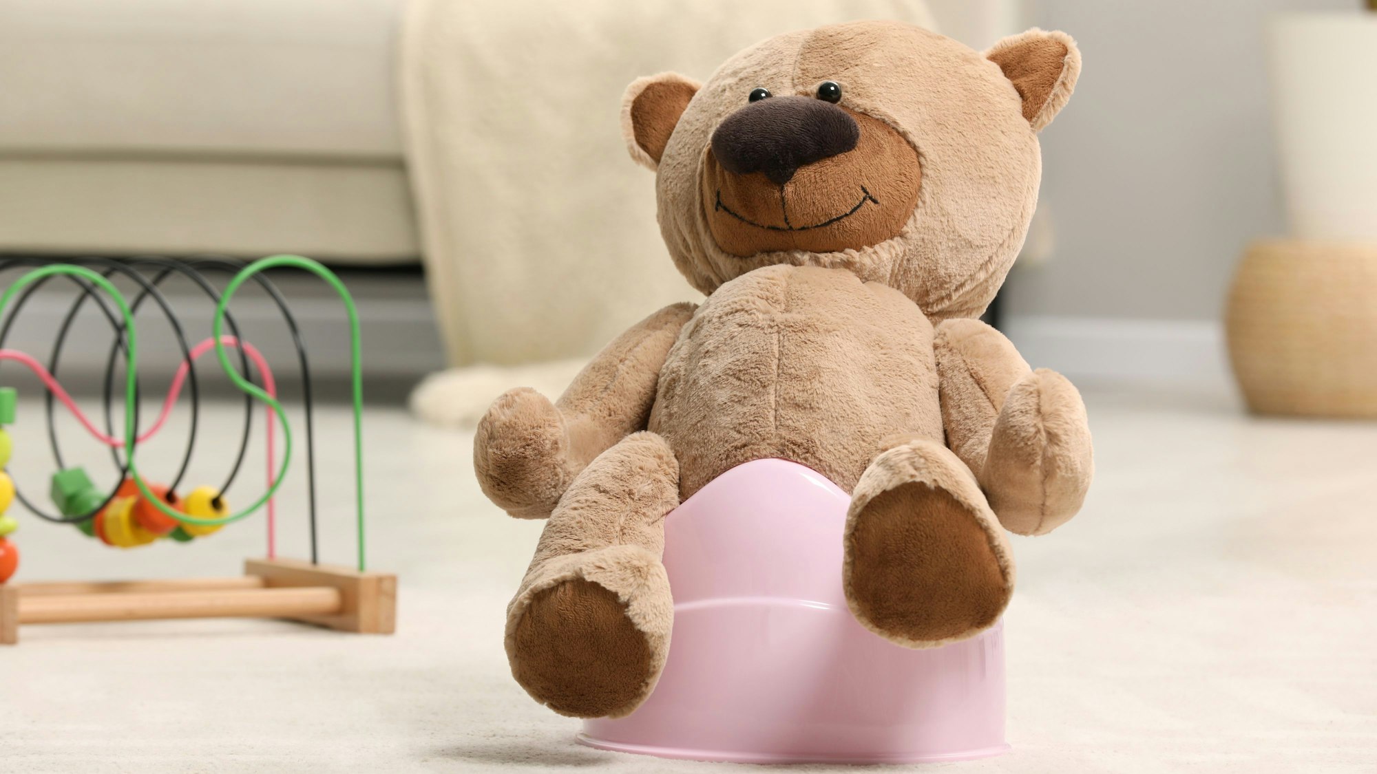 Teddybär sitzt auf Töpfchen. Symbolbild zu Magazin-Geschichte über Kleinkind Paul, der schon mit 1 Jahr trocken ist.
Getty Images/Liudmila Chernetska