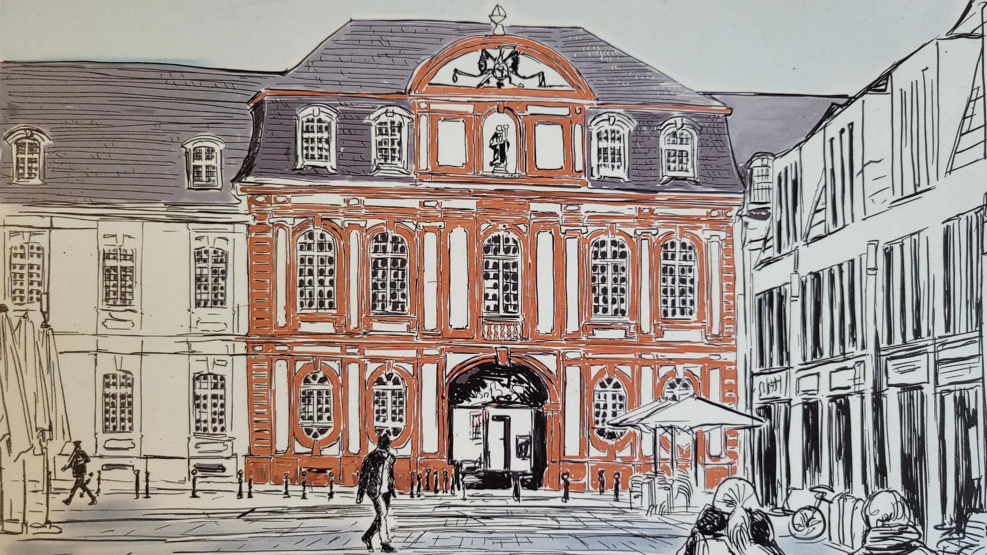 Eines der Kalenderblätter zeigt den Guidelplatz und den Eingangsbereich der Abtei Brauweiler.