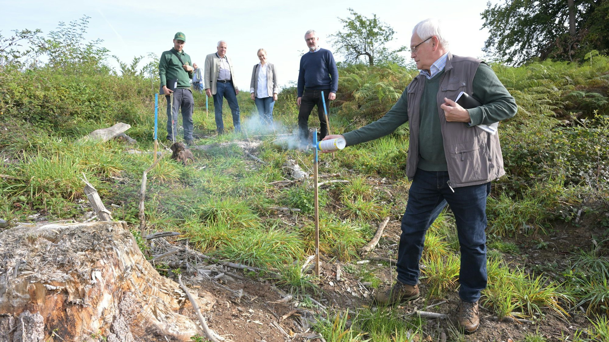 Josef Koll besprüht einen Holzstecken im Wald mit blauer Farbe.