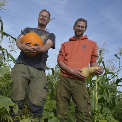 Das Foto zeigt zwei Männer mit Kürbissen in der Hand.