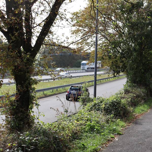 Ein Radweg liegt zwischen einer mehrspurigen Straße und einem umzäunten Gelände.
