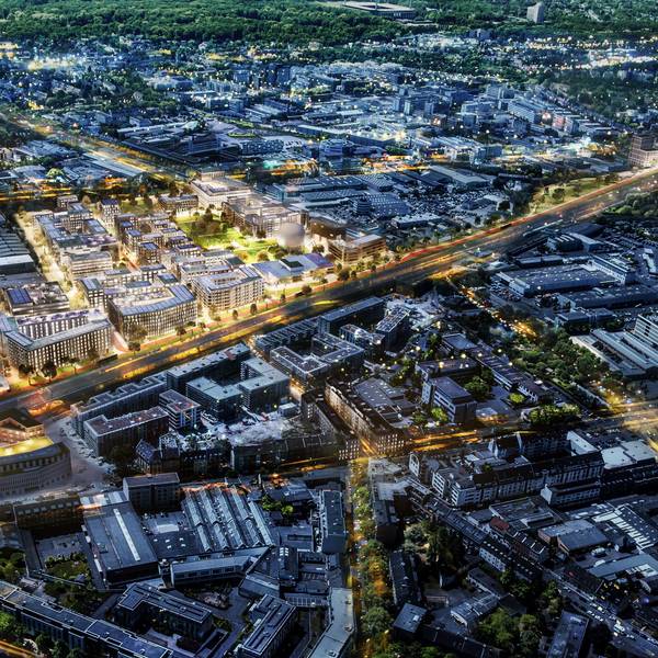 Die Visualisierung zeigt das künftige Stadtquartier „Pan“ zwischen den Bahngleisen und der Widdersdorfer Straße in Ehrenfeld.