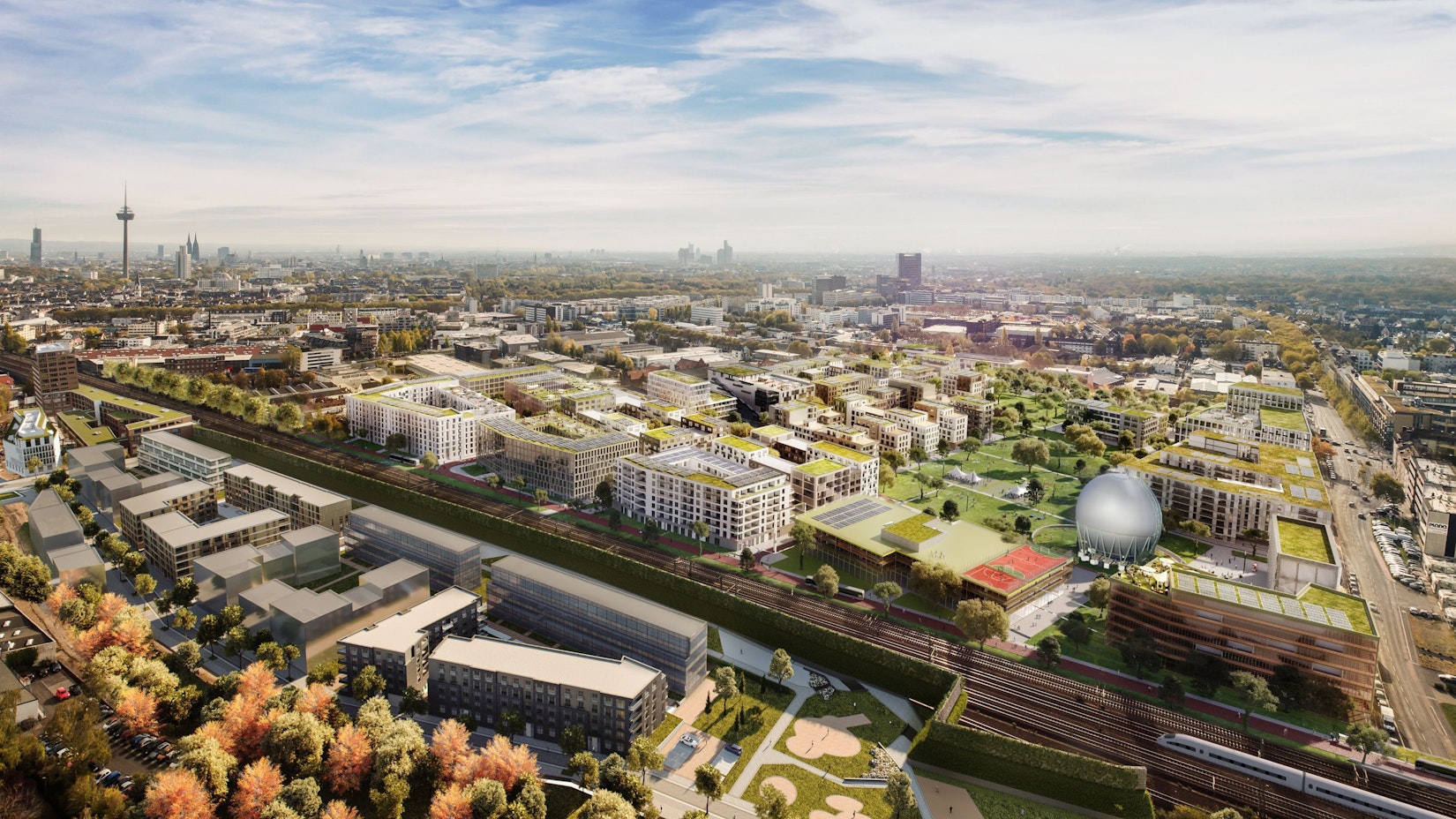 Die Visualisierung zeigt das künftige Stadtquartier samt der Gaskugel. Links im Bild sind Fernsehturm Colonius, der Dom und der das Hochhaus am Mediapark - die Heimat der Pandion - zu sehen.