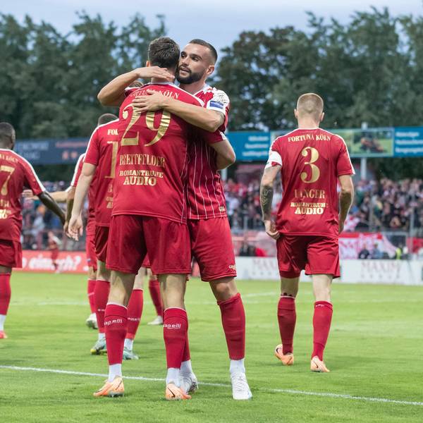 Regionalliga West: SC Fortuna Koeln - 1. FC Koeln U21, U 21 01.08.2023 Leon Demaj Fortuna Koeln, 9 und Danny Breitfelder Fortuna Koeln, 29 jubeln, Regionalliga West, 1. Spieltag, SC Fortuna Koeln - 1. FC Koeln U21, am 01.08.2023, Suedstadion, Koeln *** Regionalliga West SC Fortuna Koeln 1 FC Koeln U21, 01 08 2023 Leon Demaj Fortuna Koeln, 9 and Danny Breitfelder Fortuna Koeln, 29 cheer, Regionalliga West, 1 matchday, SC Fortuna Koeln 1 FC Koeln U21, on 01 08 2023, Suedstadion, Koeln Copyright: xBEAUTIFULxSPORTS/Meuselx