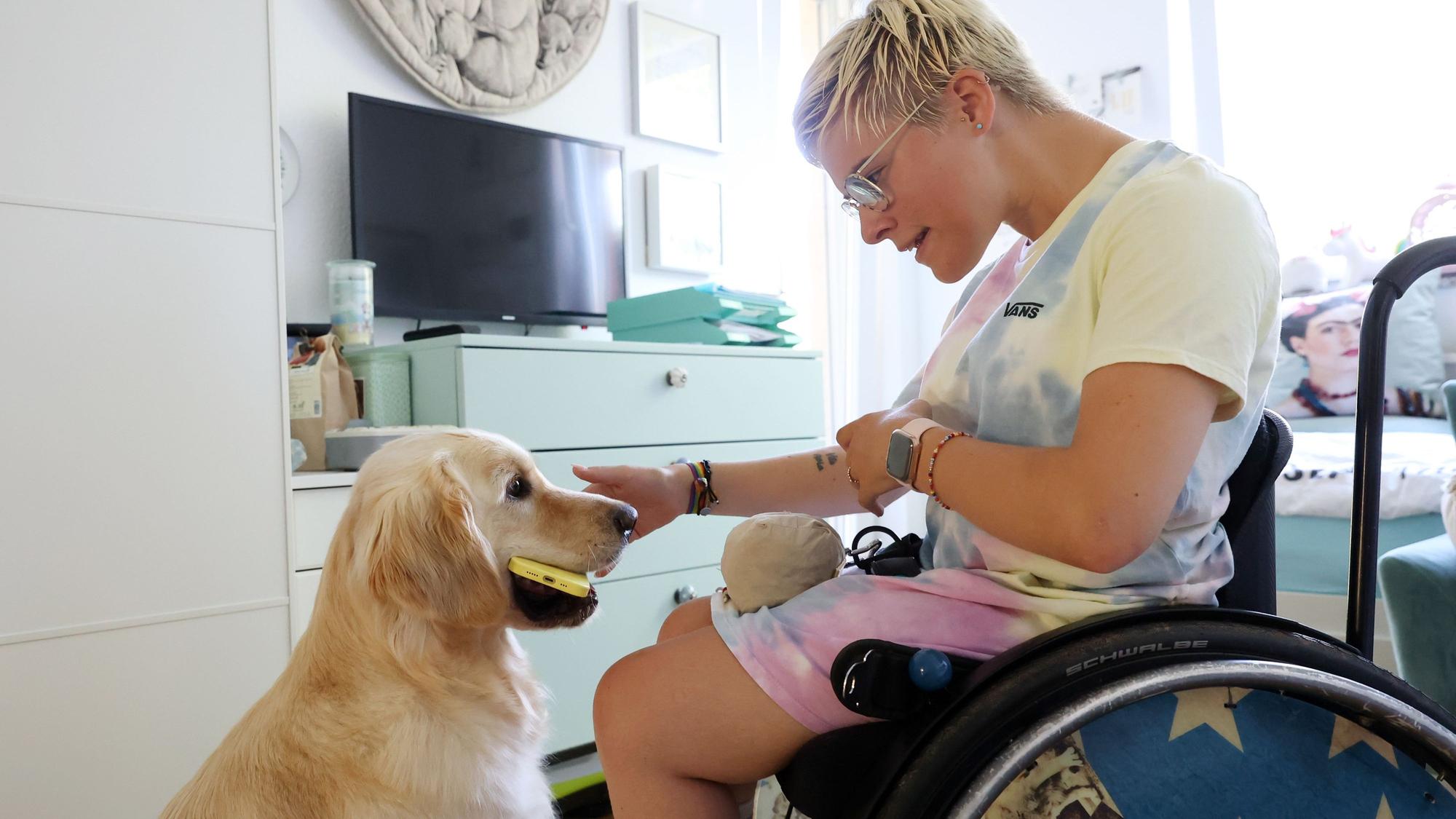 Assistenzhund Aidan gibt Frieda ihr Handy.