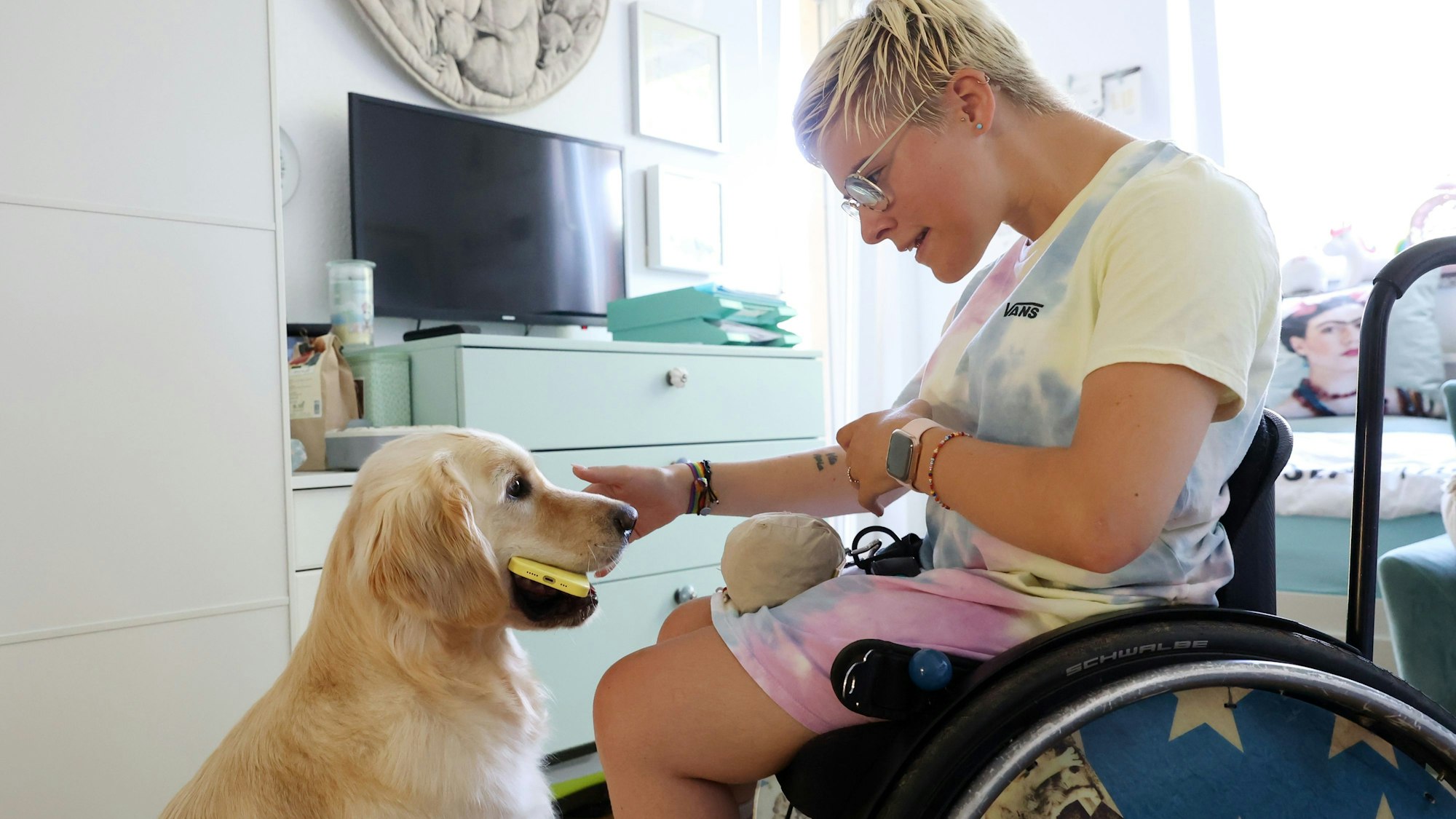 Assistenzhund Aidan gibt Frieda ihr Handy.