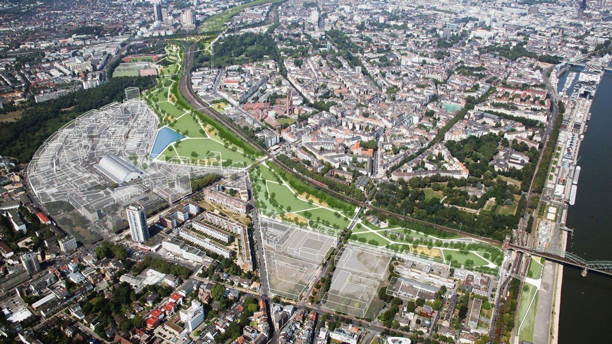 Ein grünes Band als Grüngürtelmodell erstreckt sich in einem Luftbilld mit Südstadt und Großmarkt.
