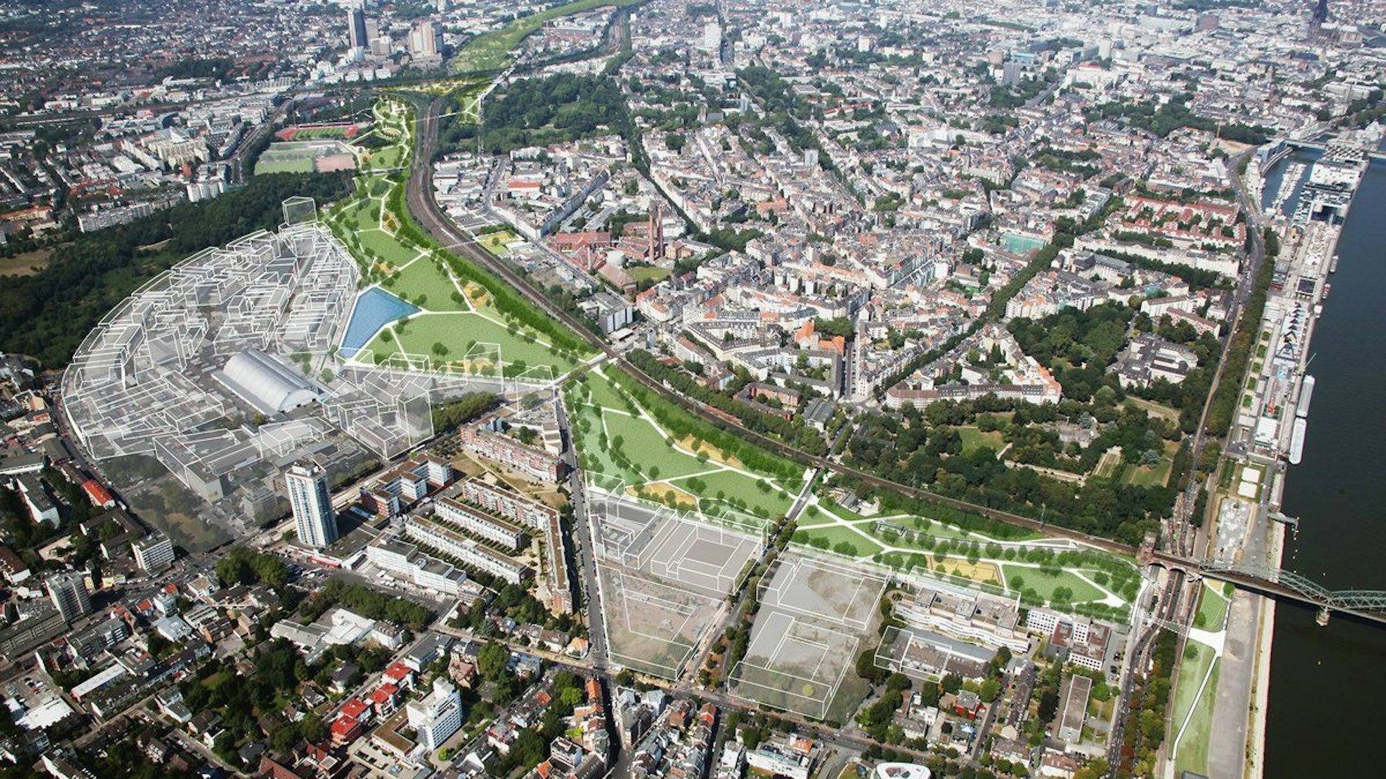 Ein grünes Band als Grüngürtelmodell erstreckt sich in einem Luftbilld mit Südstadt und Großmarkt.