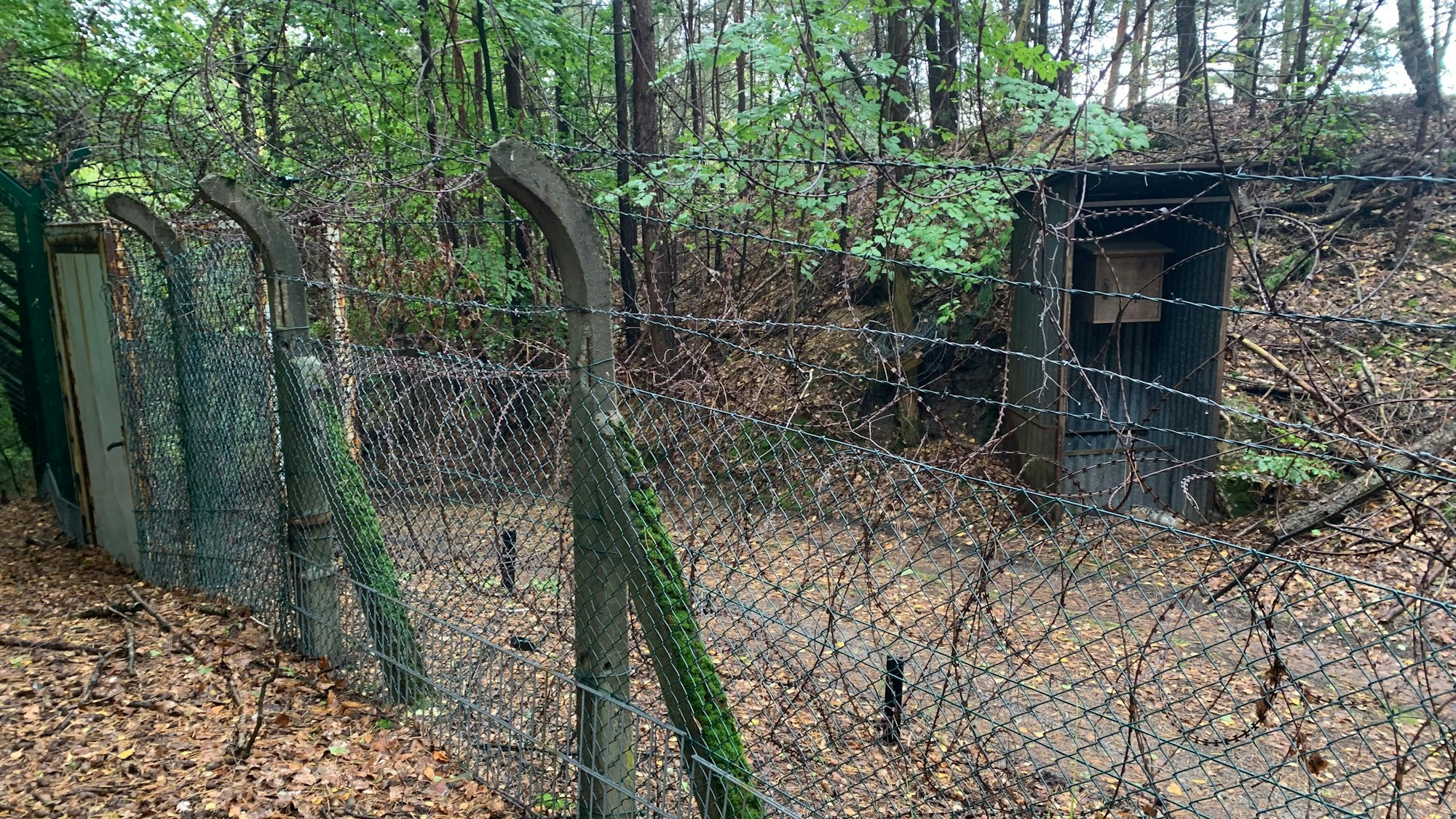 Stacheldraht schützt das Gelände an der Wahner Heide auf dem Sprengstoff produziert wird.