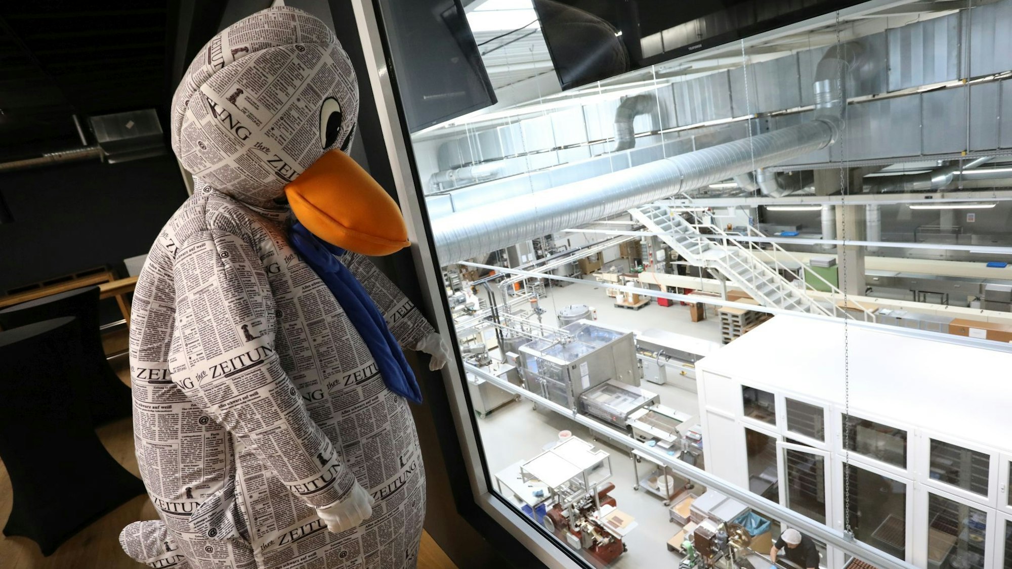 Die Zeitungsente Paula Print schaut durch eine große Glasscheibe in die Produktionshalle mit etlichen Maschien.