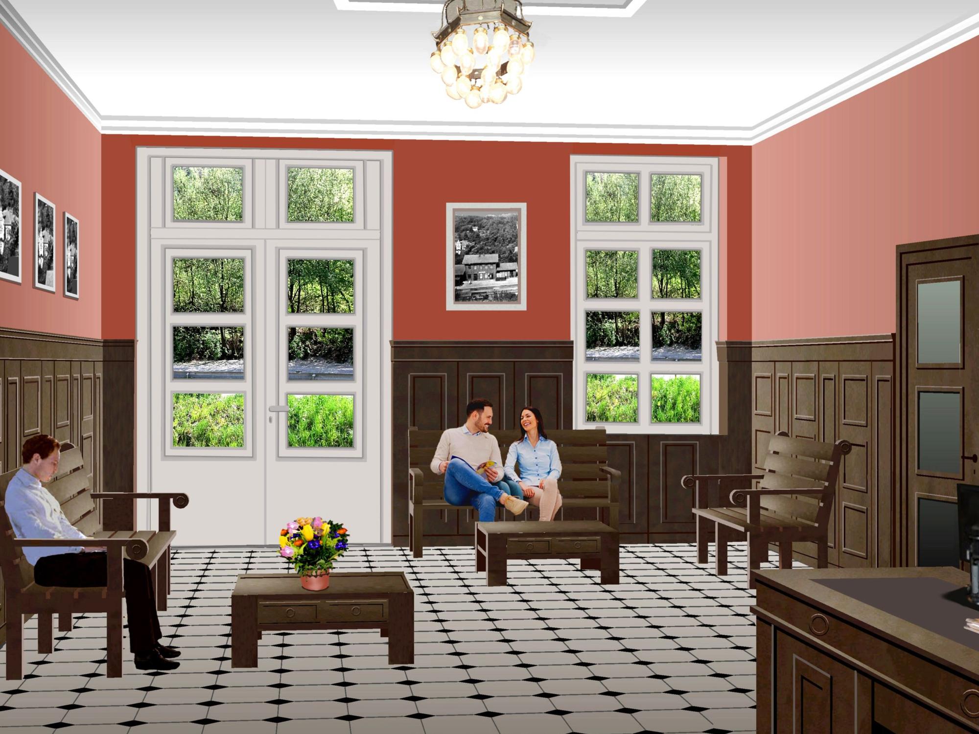 Der frühere Wartesaal wird zu einer Hotel-Lobby umgebaut.