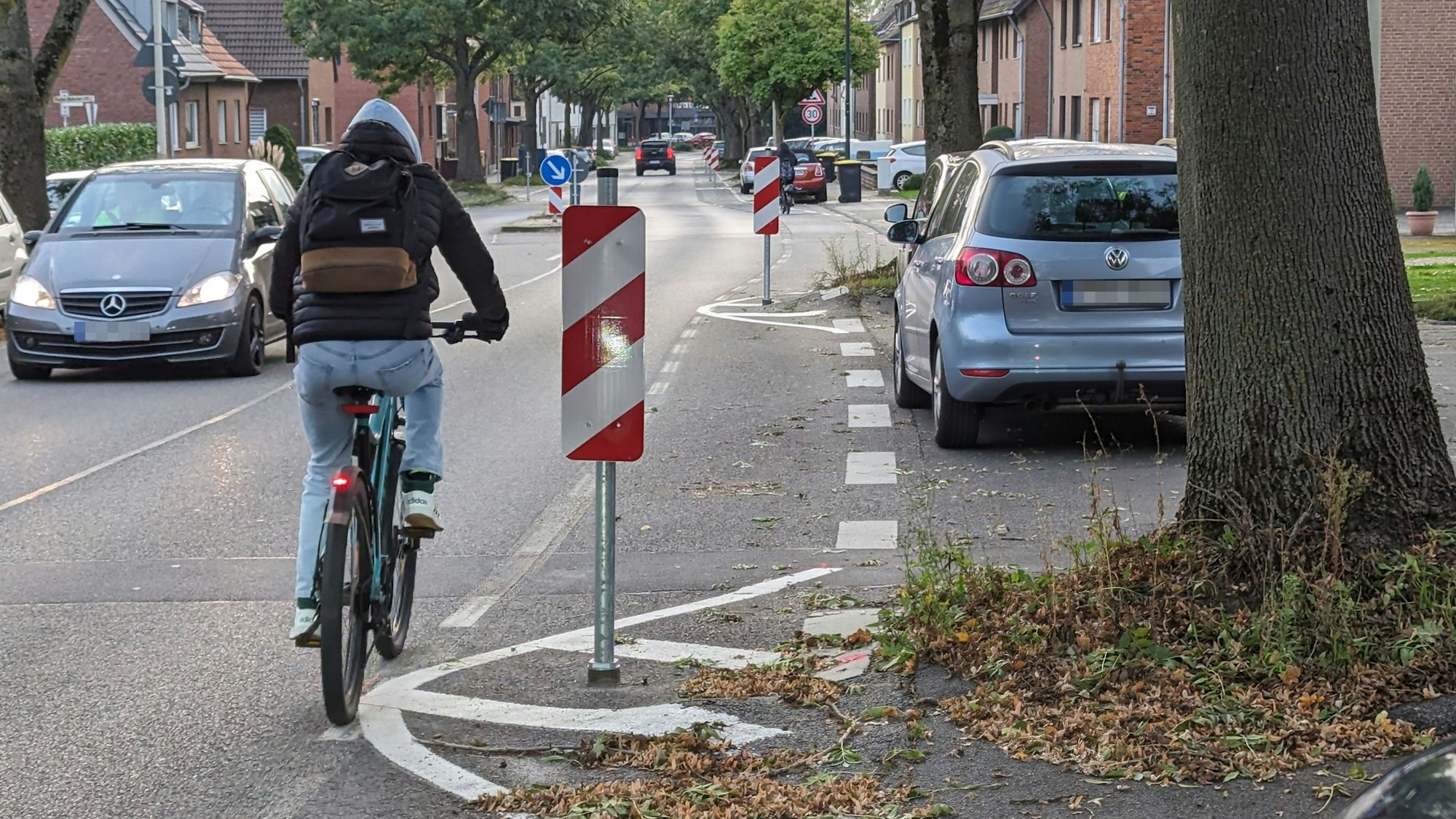 Ein Fahrradfahrer fährt um eine Warnbake herum, die auf aufgebrochenem Asphalt vor einem Baum steht.