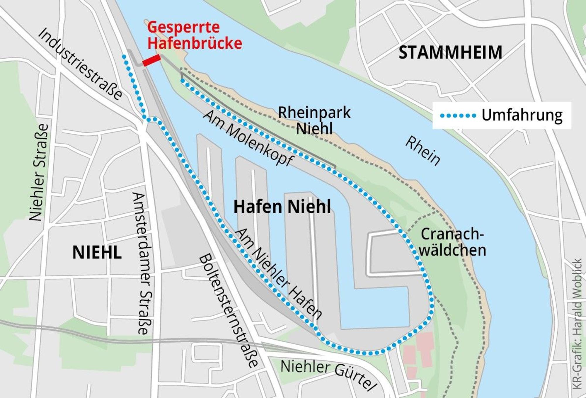 Die Grafik zeigt, dass die Sperrung der Fußgängerbrücke am Niehler Hafen zu weiten Umwegen führt.