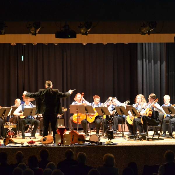 Die Musiker und Musikerinnen des Kuchenheimer Mandolinenorchesters bei einem Konzert. Der Dirigent steht mit dem Rücken zum Publikum.