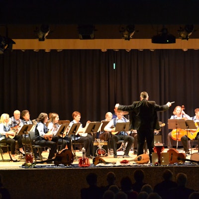 Die Musiker und Musikerinnen des Kuchenheimer Mandolinenorchesters bei einem Konzert. Der Dirigent steht mit dem Rücken zum Publikum.